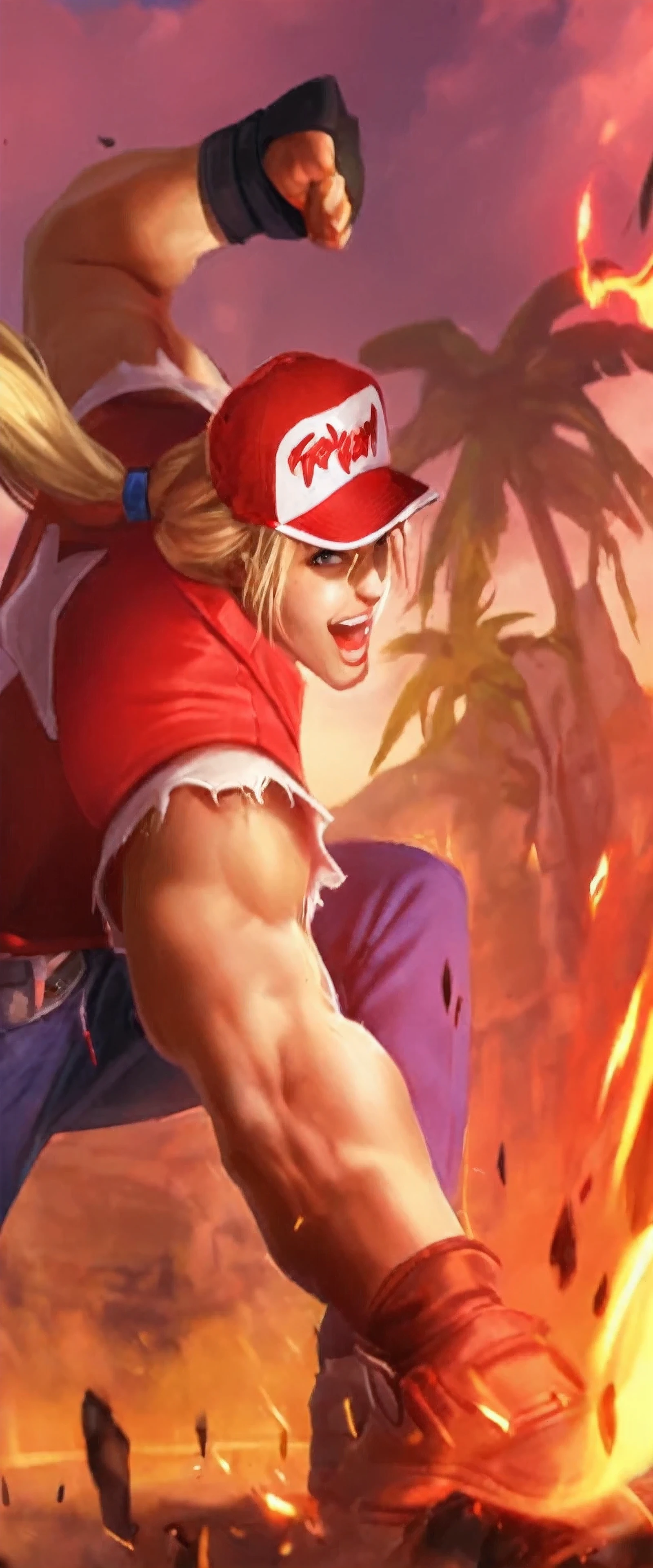 TerryBogard, red vest, white sleeveless t-shirt, blonde hair, ponytail, denim pants, red sneakers, belt, fingerless gloves, red trucker cap
masterpiece, best quality, absurdres, mount rushmore, looking at viewer, smile,