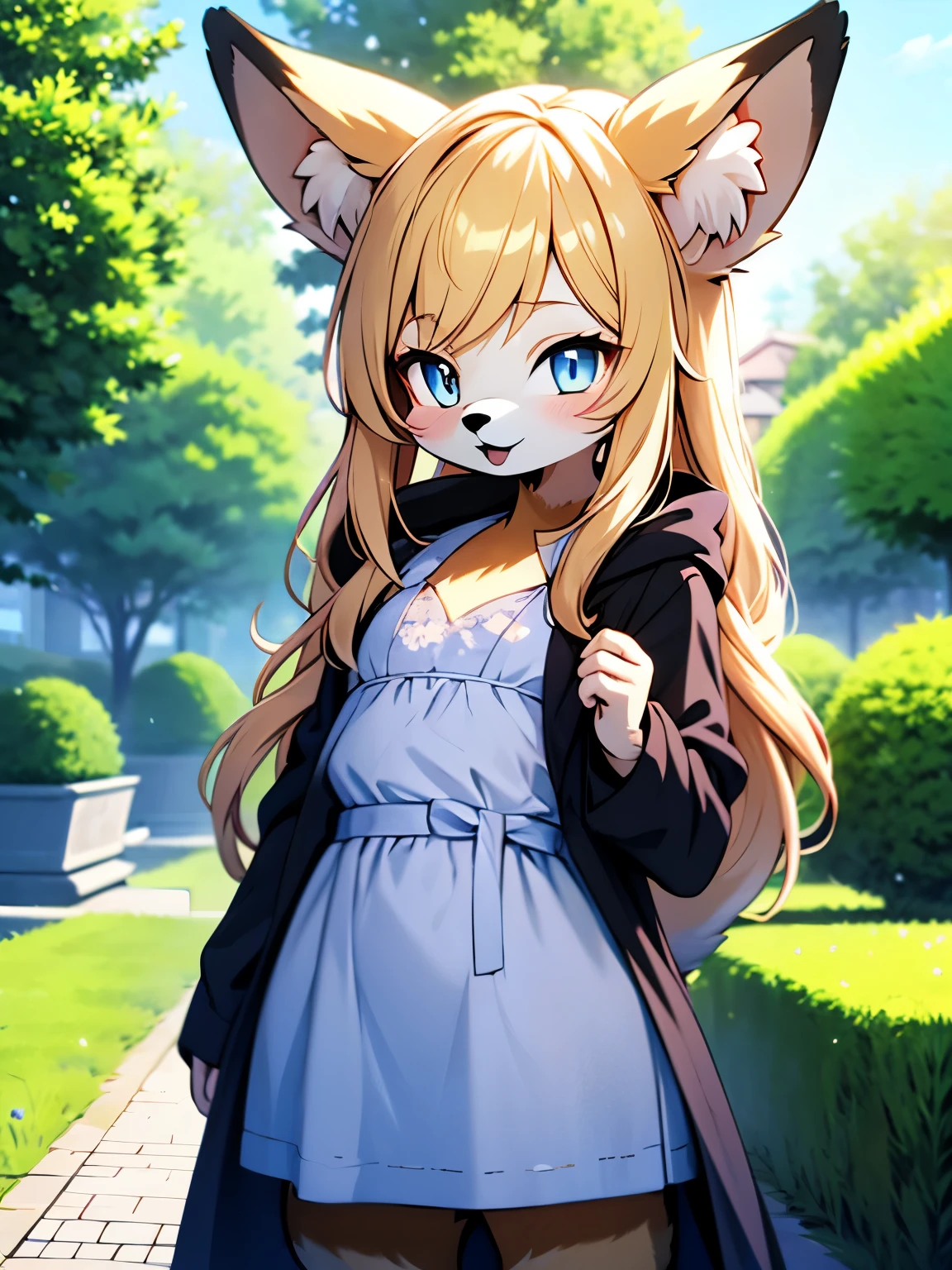 onry one girl, (((furry))), anthro, fox girl,best quality,ultra-detailed,very long hair, gold hair, shiny hair, deep blue-eyed girl, calm smile, timid face, mouth closed, tranquil expression,wearing trench-coat, small breasts, (Seems timid), anime style painting, flat anime-style shading, vector-shaded anime, cute natural anime face, subtle anime style, cute anime face,spring garden background.