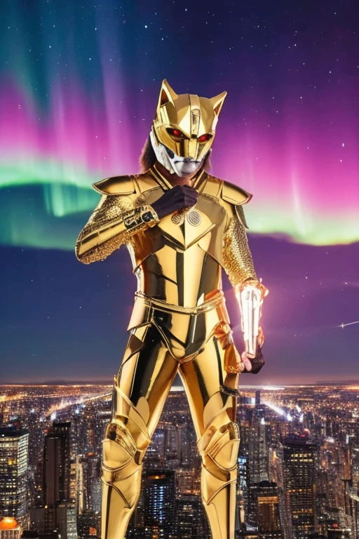 A man wearing full-body golden armor and a full-face golden cyber helmet resembling a wolf mask is holding a sword in the middle of a city with the aurora shining on the night.