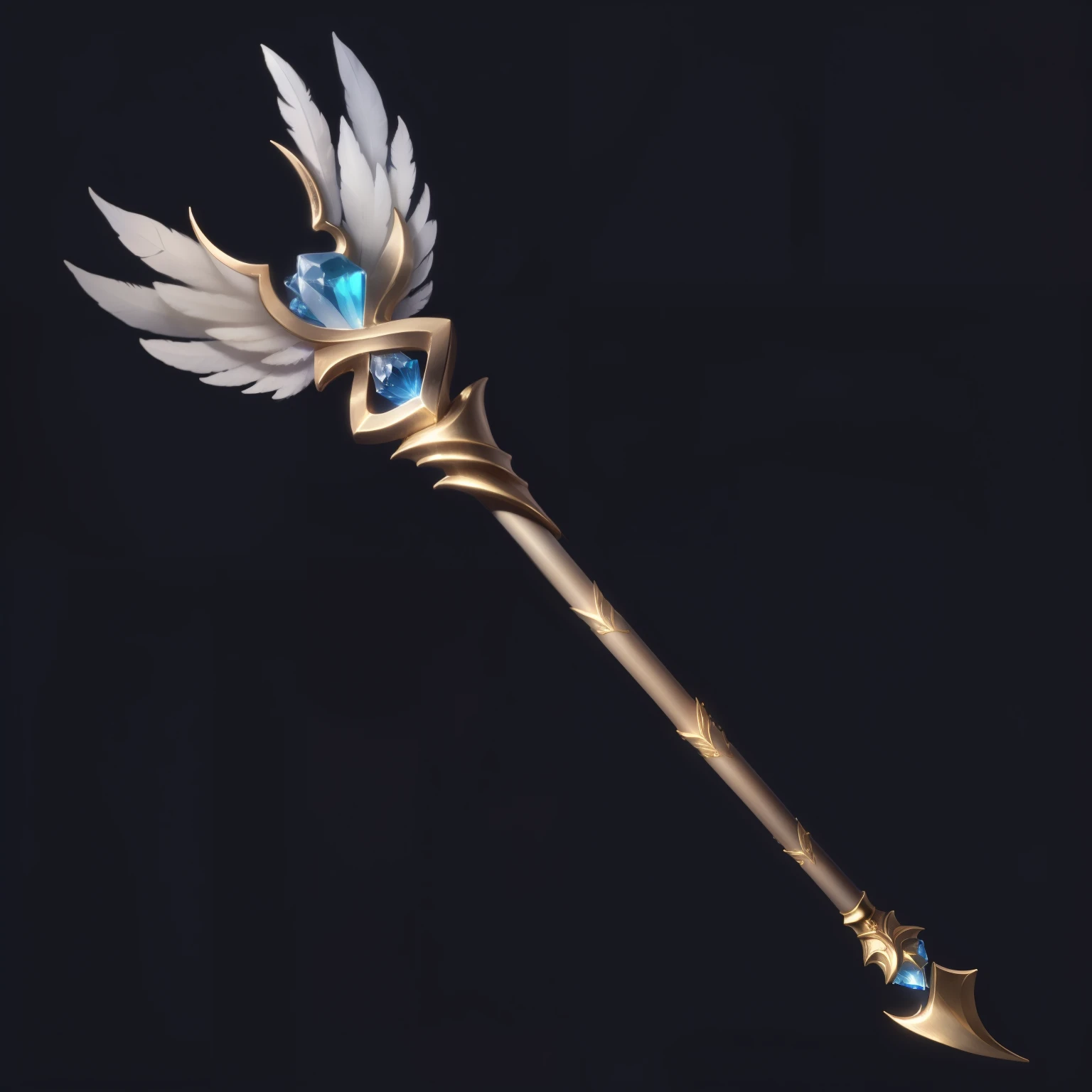一把带有蓝宝石和wing的法杖特写,Crystal Gems, Dragon Staff,Medieval Staff,Gorgeous magic wand,Metal Material,wing,feather,Exquisite,Fluff,Diablo style,HD
