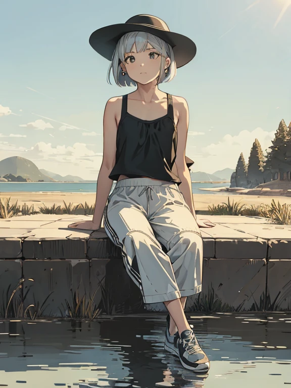 cute, masterpiece, highest quality, High resolution,,A girl sitting on the riverbank, alone,Silver Hair, Small earrings Bob cut hair, Sports Style,outside,Artistic,An illustration,Pants Style,Line art,Aqua Eye,morning,Best lighting,sun,Girl in sportswear,Girl in a hat,Girl in running shoes,clavicle,expensive,Flat Chest