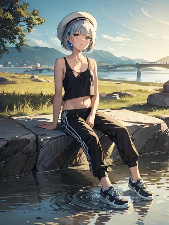 cute, masterpiece, highest quality, High resolution,,A girl sitting on the riverbank, alone,Silver Hair, Small earrings Bob cut hair, Sports Style,outside,Artistic,An illustration,Pants Style,Line art,Aqua Eye,morning,Best lighting,sun,Girl in sportswear,Girl in a hat,Girl in running shoes,clavicle,expensive,Flat Chest