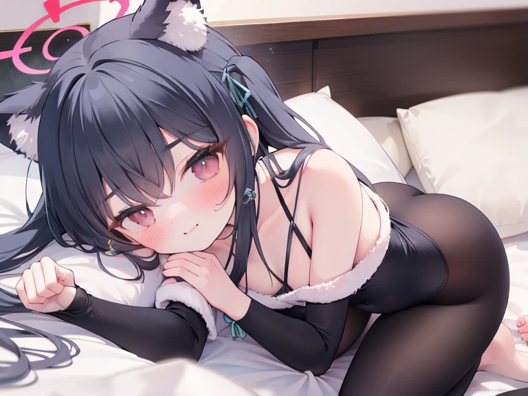 serika_bluearchive,cat ears,looking at viewer, little smile,slim, dizzy, big-chest, wide hips, perfect waist, day atmosphere, hair ornament,legwear,pantyhose,lying on bed