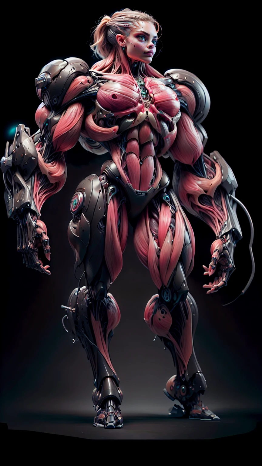 (1 girl), (cara delevingne), (muscular android girl wearing a black anatomic cybernetic muscle suit:1.25), (wide shoulders:1.25), (muscular defined physique:1.25), perfect hands, long hair, large breasts, high resolution image, extreme detail, blank background