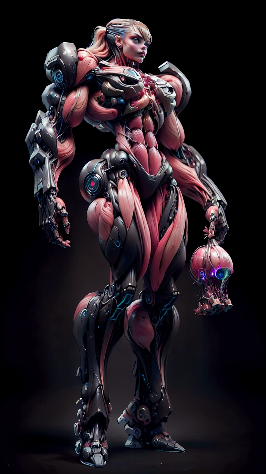 (1 girl), (cara delevingne), (muscular android girl wearing a black anatomic cybernetic muscle suit:1.25), (wide shoulders:1.25), (muscular defined physique:1.25), perfect hands, long hair, large breasts, high resolution image, extreme detail, blank background