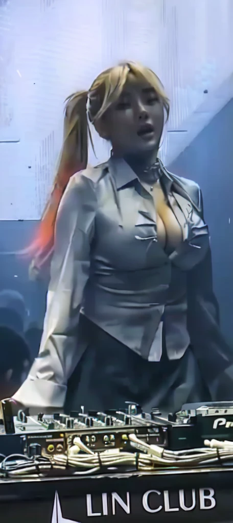 A woman in a suit and tie stands behind the DJ, Behind her is an atmosphere of terror, Revealing clothes, Concert clips, asuka underwear set!, cleveage, Touch her clothes, HD dirty photos, SFW Big , The cables on her body, revealing clothing, Breast coverage and SFW, Very sexy, Large Breasts!, Her breasts