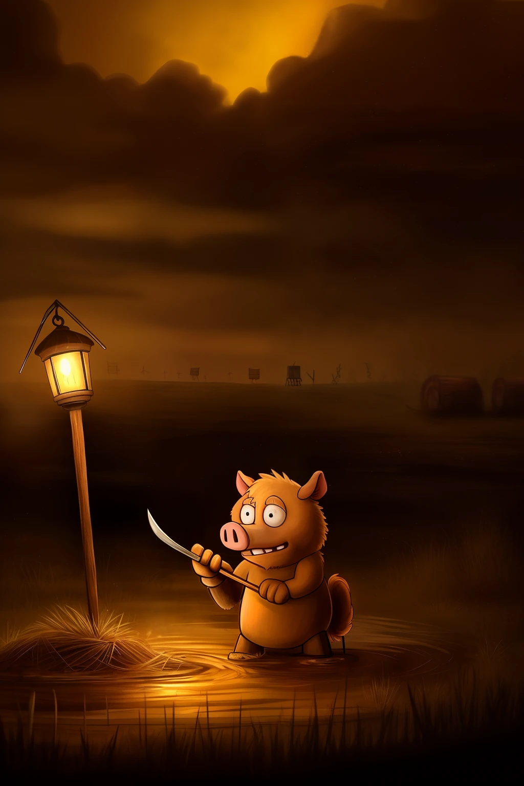 In the dimly lit scene, an anthropomorphic Dementy, with his disheveled fur and wild eyes, sits atop a weathered cart. He clutches a makeshift pitchfork, which gleams in the flickering lantern light, as he gazes determinedly towards a crowd of pigs, rooting and wallowing in the mud nearby. With a grunt, he raises the pitchfork, poised to drive them away. The barnyard around him is filled with the sounds of squeals and grunts. The atmosphere is thick with the smell of manure and damp earth. Dementy's muscles ripple as he strains, ready to defend his land from