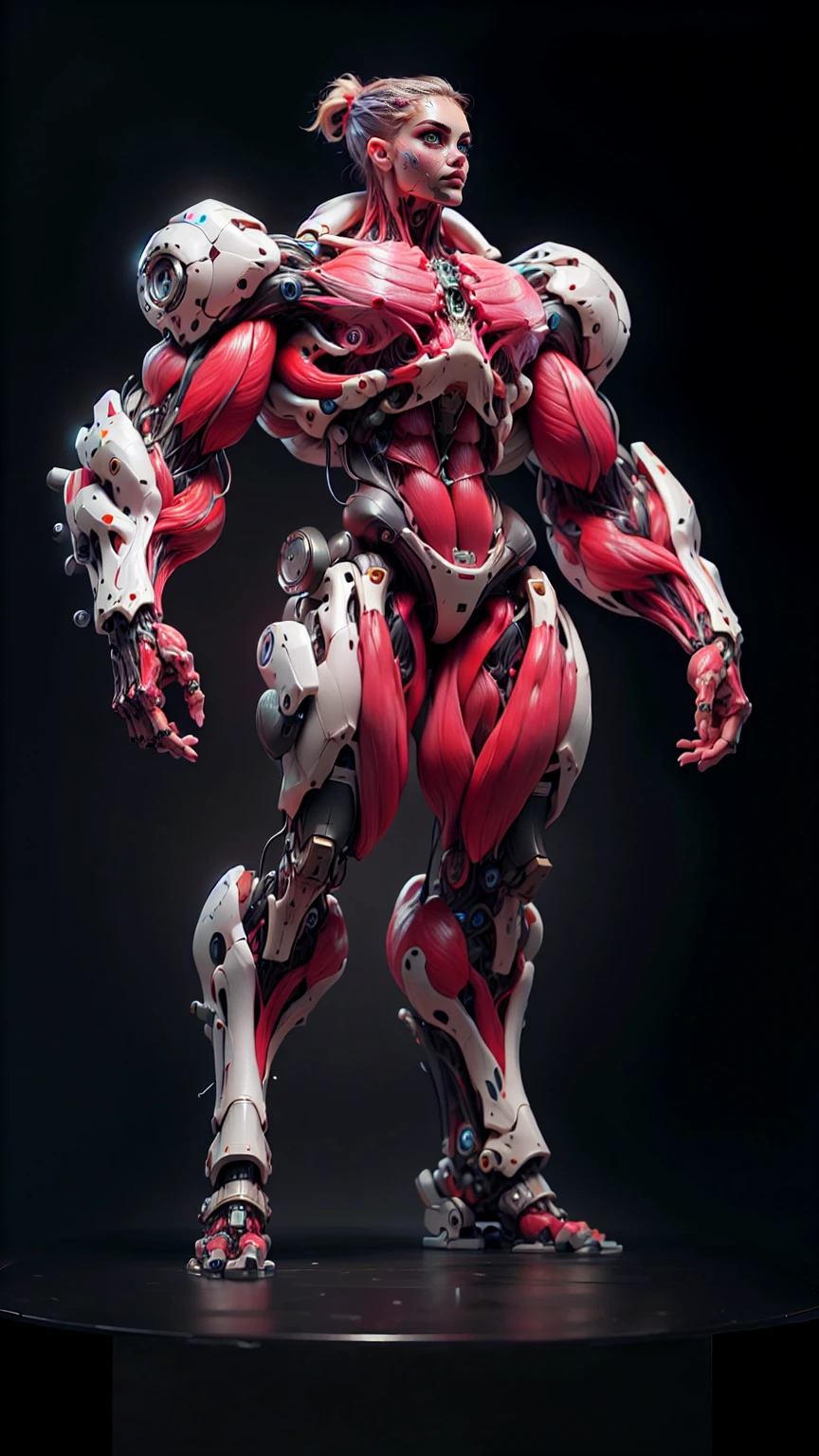 (1 girl), (cara delevingne), (muscular android girl wearing a black anatomic cybernetic muscle suit:1.25), (wide shoulders:1.25), (muscular defined physique:1.25), perfect hands, long hair, large breasts, high resolution image, extreme detail, blank background