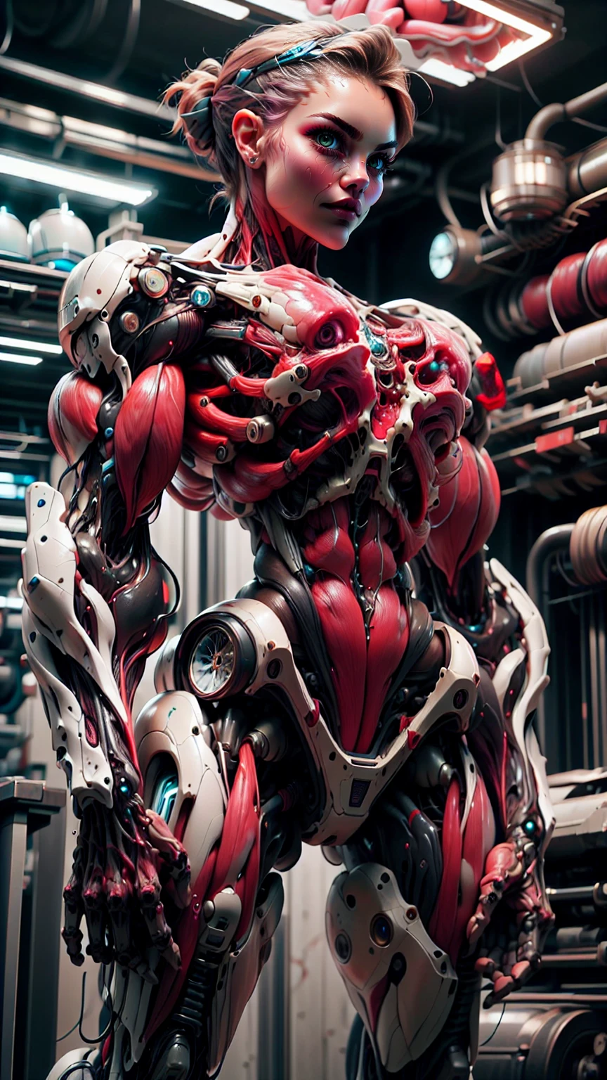 (1 girl), (cara delevingne), (muscular android girl wearing a black anatomic cybernetic muscle suit:1.25), (wide shoulders:1.25), (muscular defined physique:1.25), perfect hands, long hair, large breasts, high resolution image, extreme detail, blank background
