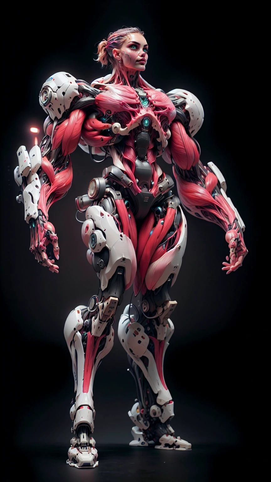 (1 girl), (cara delevingne), (muscular android girl wearing a black anatomic cybernetic muscle suit:1.25), (wide shoulders:1.25), (muscular defined physique:1.25), perfect hands, long hair, large breasts, high resolution image, extreme detail, blank background