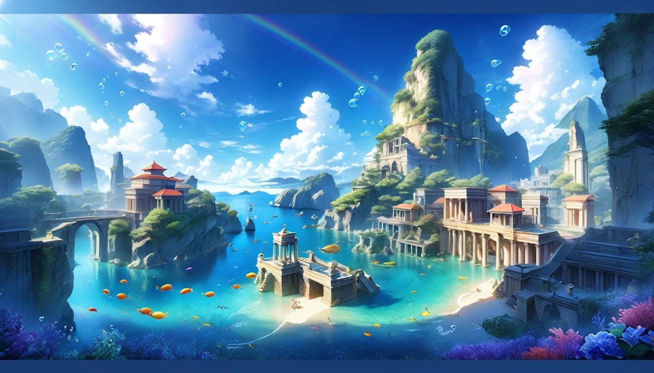 (Panorama, center, masterpiece, highest quality: 1.2), (8K、Raw photo、highest quality、look up:1.2、masterpiece:1.2、Genuineistic、Ultra-high resolution、High Contrast、Photon Mapping、Genuine、Very detailed、Official Art, Raw photo、professional Lighting、 Light、Vivid atmosphere、twiceLight) , , In the sea。In the sea,々Bubbles are bubbling。Ancient ruins can be seen。Different types、Colorful tropical fish swimming。You can see the corals and underwater plants。Primary color shades。Rainbow-colored。Green algae or seaweed。Even though it's underwater、As if you were on the ground。Captivating natural beauty,Shining Star Fragment, An atmosphere that exudes the excitement of adventure。An atmosphere that makes you feel happy and joyful。High Fantasy Worldview, Beautiful depiction of grand composition and proportions, Rainbow-coloredの光や銀色の蒸気の守護星雲, Corrosive Encirclement Ray Family Color, Slimy air,