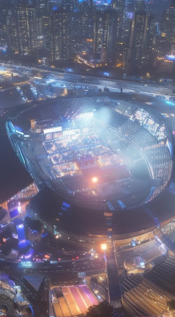 View of the stadium,Stadiums and arenas lit up at night, The stadium is full of people, Epic Lights from Above, stadium setting, concert, epic stunning atmosphere, Dramatic stadium lighting, Shot from a drone, The stadium is full of people, Beautiful Ambience, stunning atmosphere, View from above on an empty stage, concert footage, Opening Shot, Gorgeous atmosphere