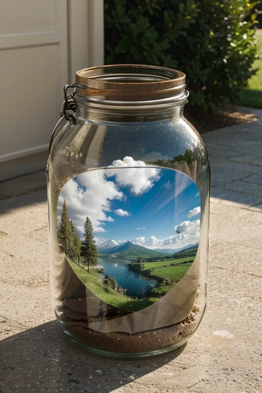 A glass jar containing a landscape