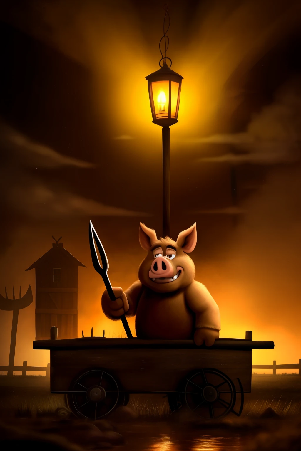 In the dimly lit scene, an anthropomorphic Dementy, with his disheveled fur and wild eyes, sits atop a weathered cart. He clutches a makeshift pitchfork, which gleams in the flickering lantern light, as he gazes determinedly towards a crowd of pigs, rooting and wallowing in the mud nearby. With a grunt, he raises the pitchfork, poised to drive them away. The barnyard around him is filled with the sounds of squeals and grunts. The atmosphere is thick with the smell of manure and damp earth. Dementy's muscles ripple as he strains, ready to defend his land from