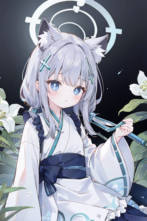 shiroko_bluearchive,beast ears,（masterpiece，Best quality：1.2），Implications，absurd，high resolution，Very detailed，1 little girl，eyes highlights，Hanfu，straight dress，Fluffy short sleeves，Frills，appearance，flowering，fluttering petals，Upper part of the body，（moon：1.2），night，Depth of Field，（:morality：0.8），looking at the sky, the background is a beach under the sky that is full of stars