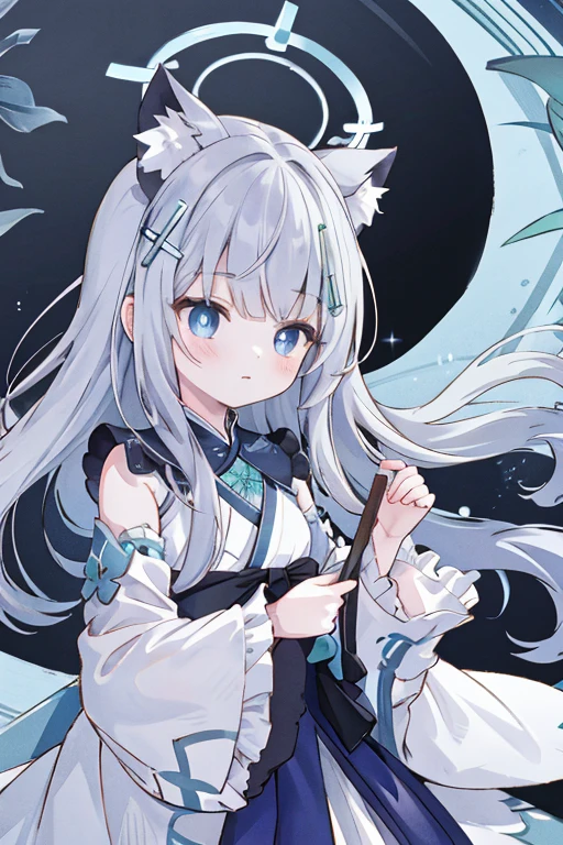 shiroko_bluearchive,beast ears,（masterpiece，Best quality：1.2），Implications，absurd，high resolution，Very detailed，1 ，eyes highlights，Hanfu，straight dress，Fluffy short sleeves，Frills，appearance，flowering，fluttering petals，Upper part of the body，（moon：1.2），night，Depth of Field，（:morality：0.8），looking at the sky, the background is a beach under the sky that is full of stars