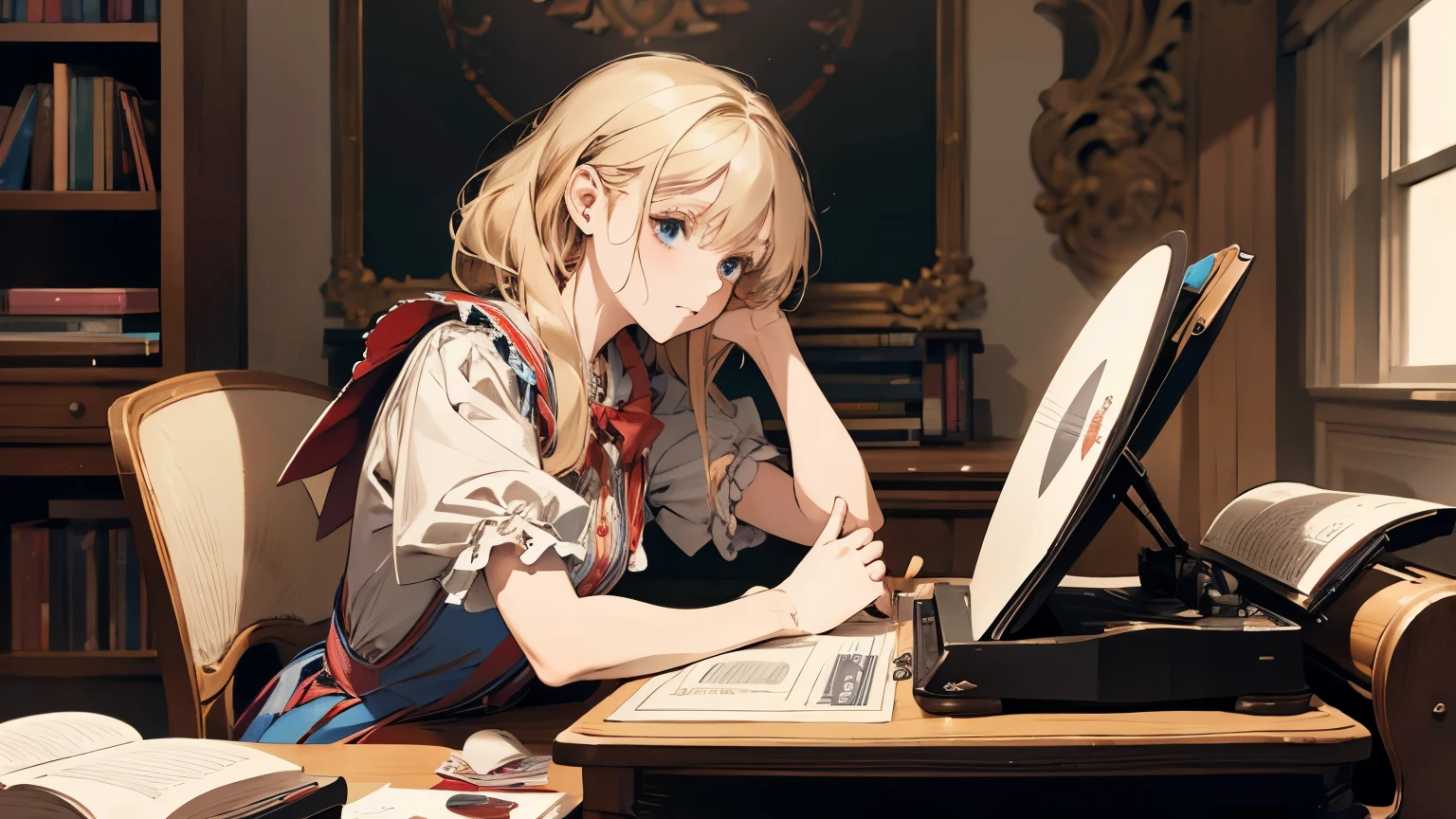 (masterpiece, best quality), Alice\(Alice in Wonderland\), studying on a desk, writing something on a notebook, listening to a record player