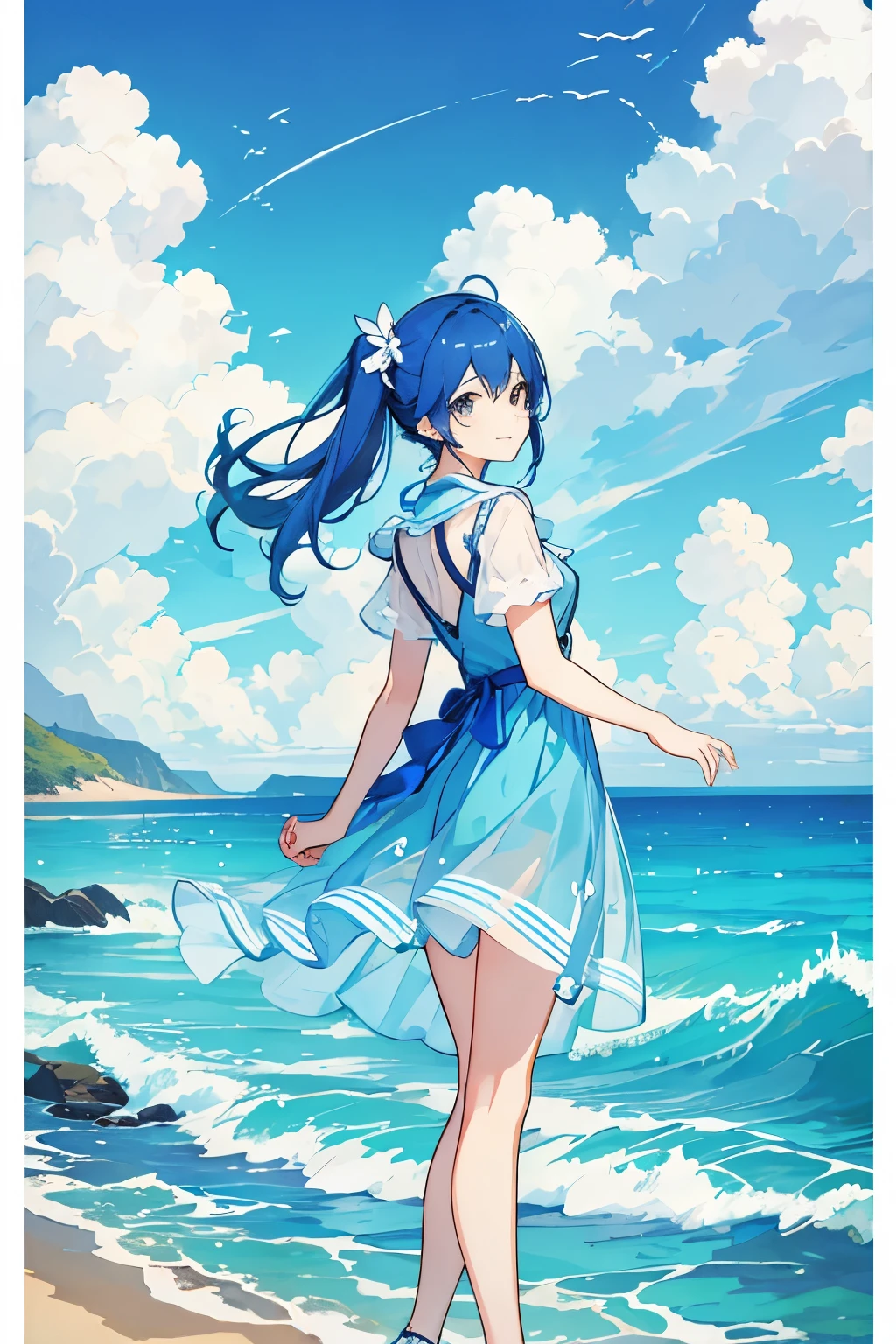 The background is the sea and blue sky. The overall color is a transparent blue. A cool-looking girl is looking back at us and smiling. The transparent and appealing atmosphere is appealing.