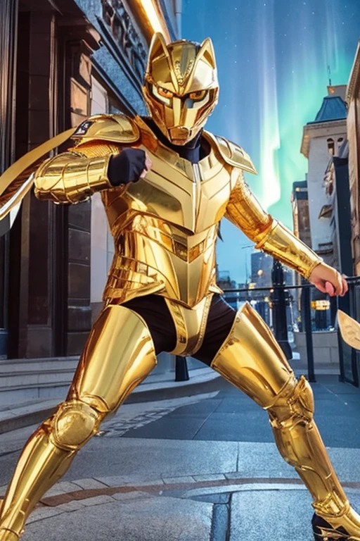 A man wearing full-body golden armor and a full-face golden cyber helmet resembling a wolf mask is holding a sword in the middle of a city with the aurora shining on the night.