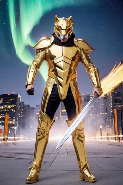 A man wearing full-body golden armor and a full-face golden cyber helmet resembling a wolf mask is holding a sword in the middle of a city with the aurora shining on the night.