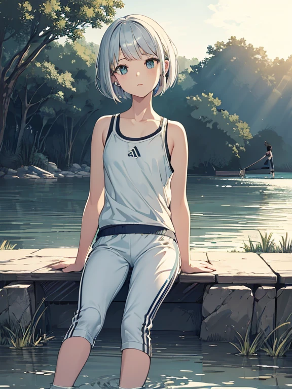 cute, masterpiece, highest quality, High resolution,,A girl sitting on the riverbank, alone,Silver Hair, Small earrings Bob cut hair, Sports Style,outside,Artistic,An illustration,Pants Style,Line art,Aqua Eye,morning,Best lighting,sun,Girl in sportswear Girl in running shoes,clavicle,expensive,Flat Chest