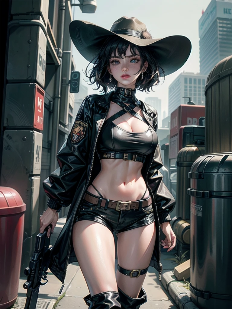 whole body, Cyberpunk Western gunman girl, Western hat and cyberpunk gunman attire, she holds a revolver pistol with a very long barrel, boots with spur, standing on wasteland, absurdres, RAW photo, extremely delicate and beautiful, masterpiece, Best Quality, ultra high resolution, 32k, hyperrealistic, ultra-detailed, detailed description, pale skin, 20 years old, detailed beautiful face and eyes, tearful mole, earring, Colossal tits, short medium hair, wavy hair,