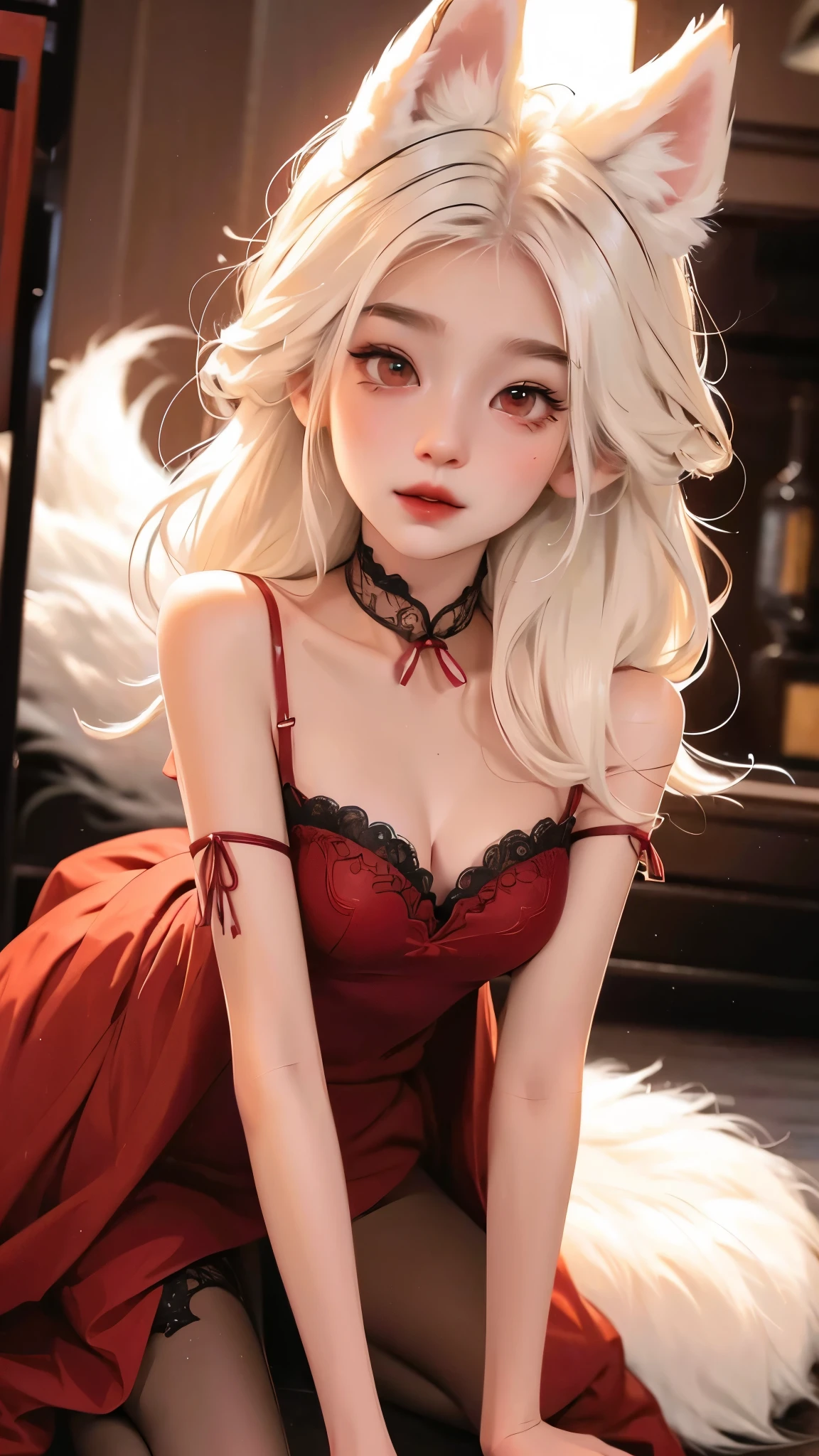 White haired cute anime girl with red eyes wearing a burgundy and black lace dress with mythical fox tails