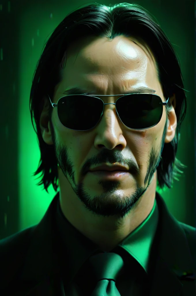 impactful paint of Keanu Reeves as Neo of Matrix with sunglasses, highly detailed, 8k, sharp, professional, clear, high contrast, high saturated, vivid deep blacks, crystal clear, background green matrix falling symbols