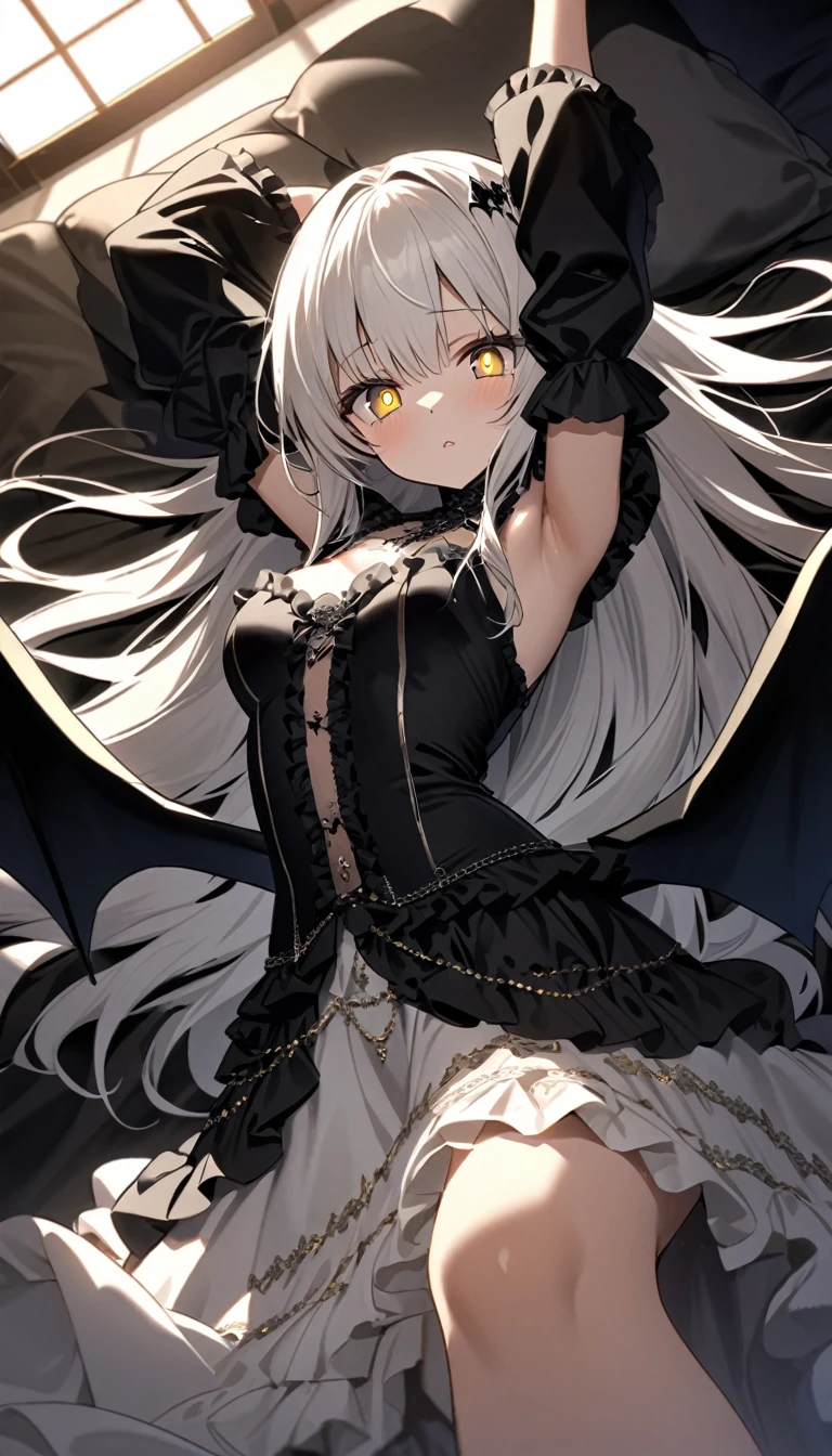 A woman, flowing white hair, melancholy eyes, yellow pupils, black diamond-shaped hairpin, tattered black dragon wings sprouting from her back, moonlight, arms up, incoming hug, pov, reaching, reaching towards viewer, looking at viewer, cowboy shot, dutch angle, lying down, a big fluffy and soft black silk bed, Luxurious and luxurious bedrooms, big tits