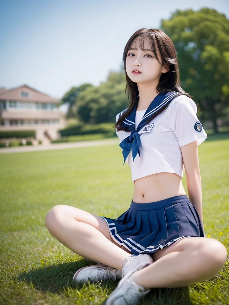 (masterpiece, highest quality:1.4), Award-winning portraits, 8k, 85mm, alone, Beautiful Face, Delicate girl, (Sailor suit、On the grass), Sophisticated, cute, , RAW Photos, Confused, High resolution, Sharp focus, Background blur、(((Flat 、thin and delicate body、Childish atmosphere)))、shiny semi-long hair、ponytail、Mole on the left cheek、 Dark blue eyes、High Kick、the skirt is swaying in the wind、Hair swaying in the wind、sexy、Flexible legs