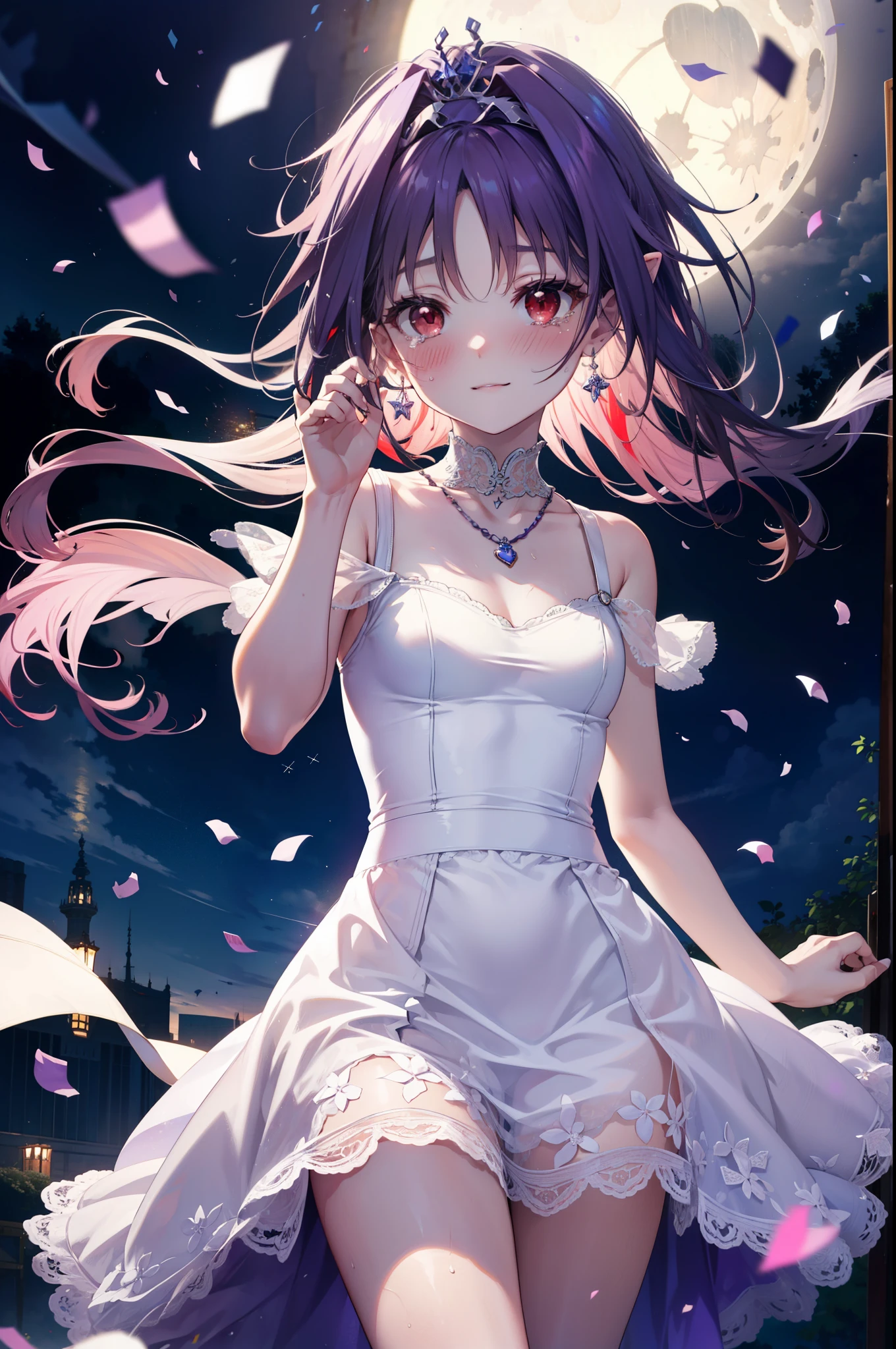 yuukikonno, Konno Yuuki,Long Hair, tiara,Pointed Ears, Purple Hair, (Red eyes:1.5), (Small breasts:1.2), smile,Purple Dress,Purple Long Skirt,Purple stiletto heels,Sleeveless,Expose your shoulders,Bare arms,Bare neck,bare clavicle,He is wearing a wedding ring on the ring finger of his left hand.,Heart Necklace,Tears stream down her face,Tears of joy,I cry a lot,Romantic night view,moonlight,
break outdoors, hill,
break looking at viewer, (Cowboy Shot:1.5),
break (masterpiece:1.2), highest quality, High resolution, unity 8k wallpaper, (shape:0.8), (Beautiful details:1.6), Highly detailed face, Perfect lighting, Extremely detailed CG, (Perfect hands, Perfect Anatomy),