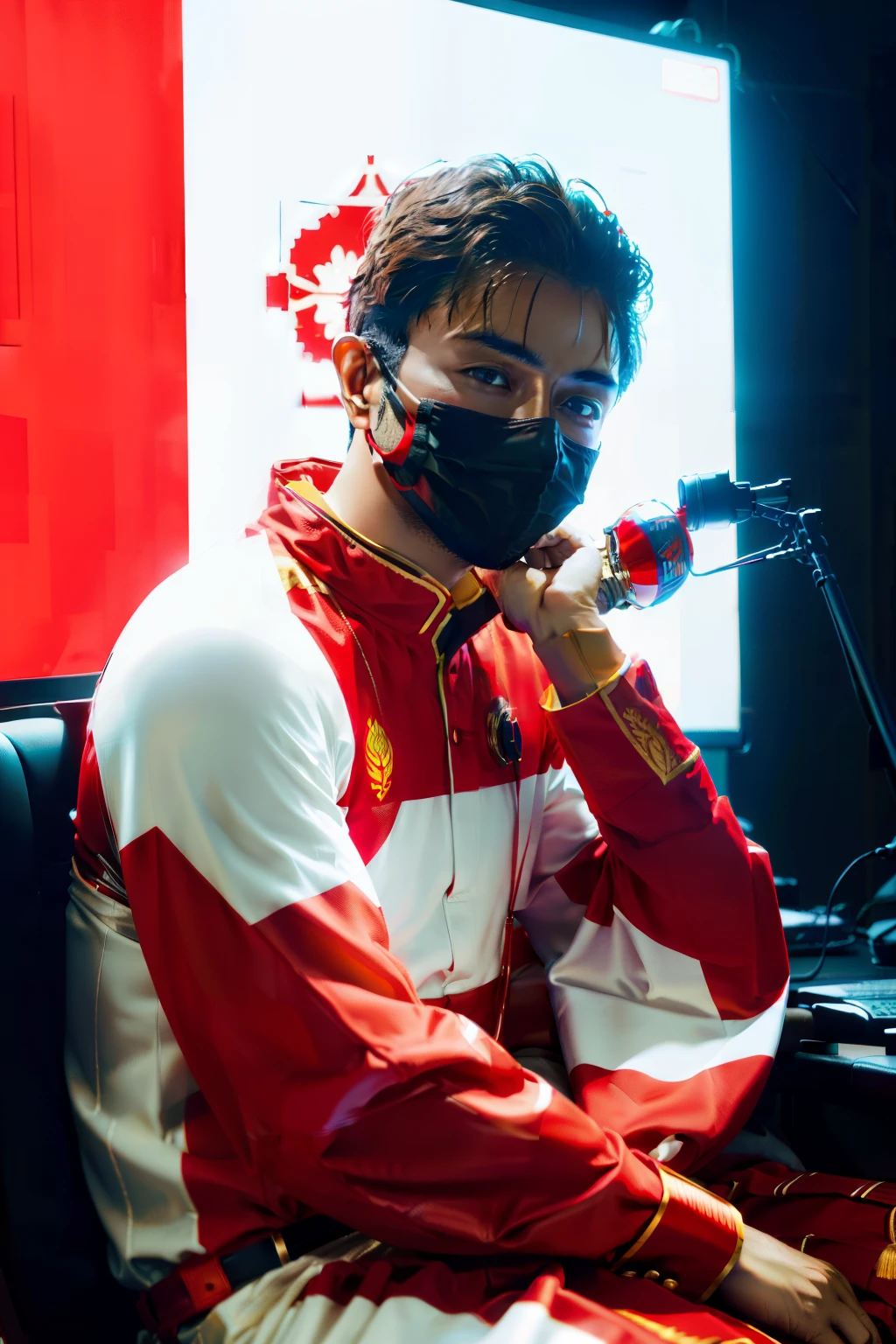 a man body sitting in front of screen and red and white colour lights around his.man body not showing properly the background is very red lighting and man wearing a siko red and white colour mask on full face. the man is Indian and wearing full black clothes high-quality image