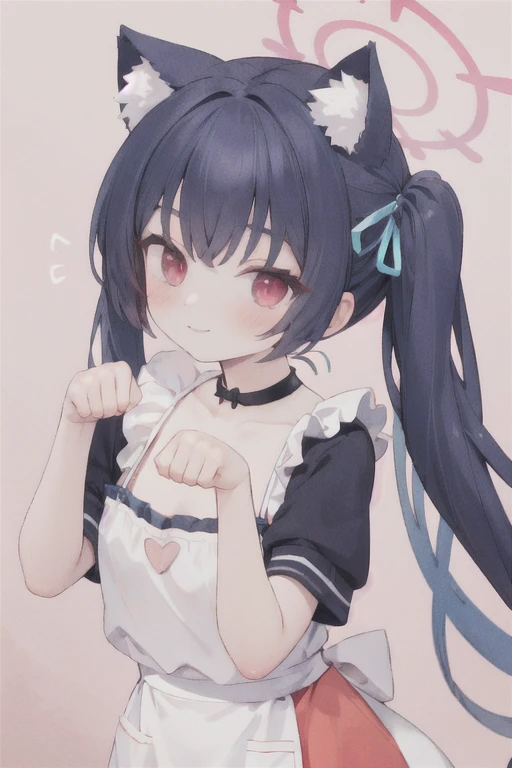 serika_bluearchive,cat ears,looking at viewer, little smile,white naked apron, slim, dizzy, big-chest, wide hips, perfect waist, day atmosphere, hair ornament,paw pose