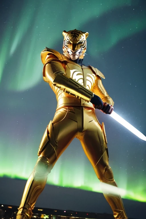 A man wearing full-body golden armor and a full-face golden cyber helmet resembling a tiger mask is holding a sword in the middle of a city illuminated by the aurora borealis at night.