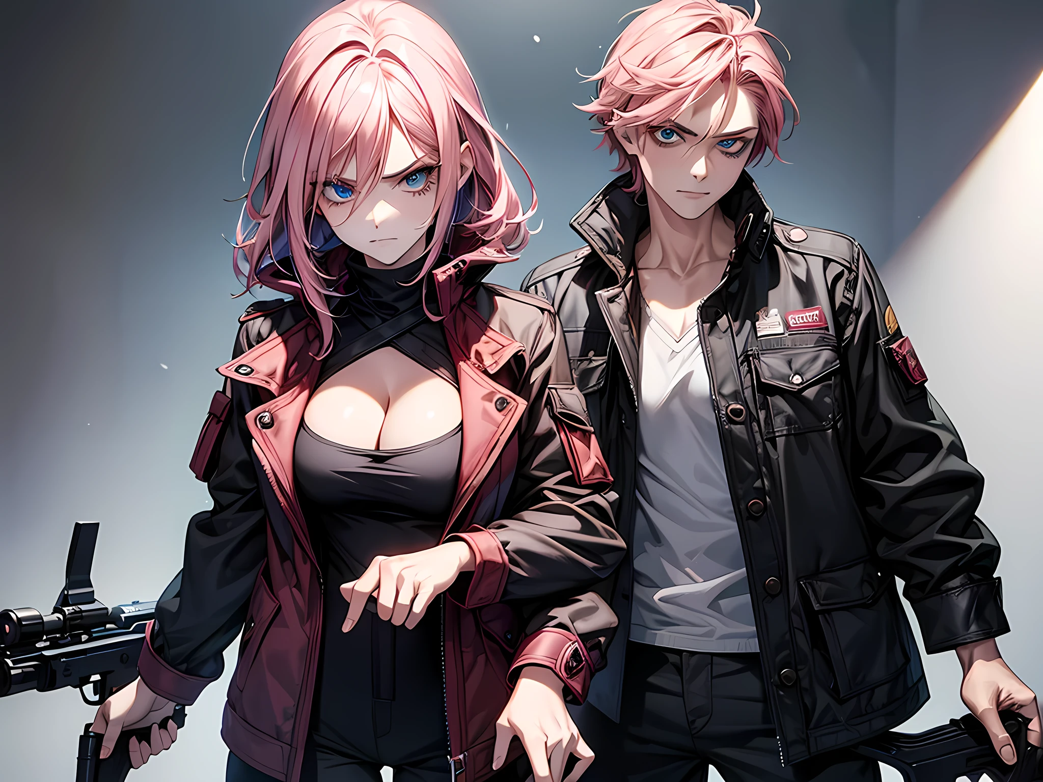 1 woman, have a hunting gun, jacket and pants like a hunter、pink hair, blue eyes, cleavage, face to detail, detailed eyes, eyes extremely detailed, (half-body:0.6), angry face, look camera, sexy pose,