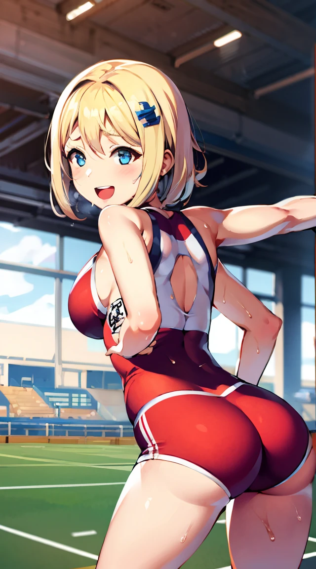Tabletop, highest quality, One Girl, View your viewers, Blonde, Short Hair, bangs, blue eyes, hair ornaments, Big Full Breasted, Sweat in the ass, Track and field uniforms, Put your arms behind your back+++++++ stand+++ A cheerful smile, Big Ass Rear View