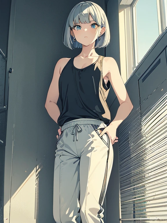 cute, masterpiece, highest quality, High resolution,,A girl standing in a gym, alone,Silver Hair, Small earrings Bob cut hair, Sports Style,Artistic,An illustration,Pants Style,Line art,Aqua Eye,morning,Best lighting,sun,Girl in sportswear Girl in running shoes,clavicle,Tall,Flat Chest