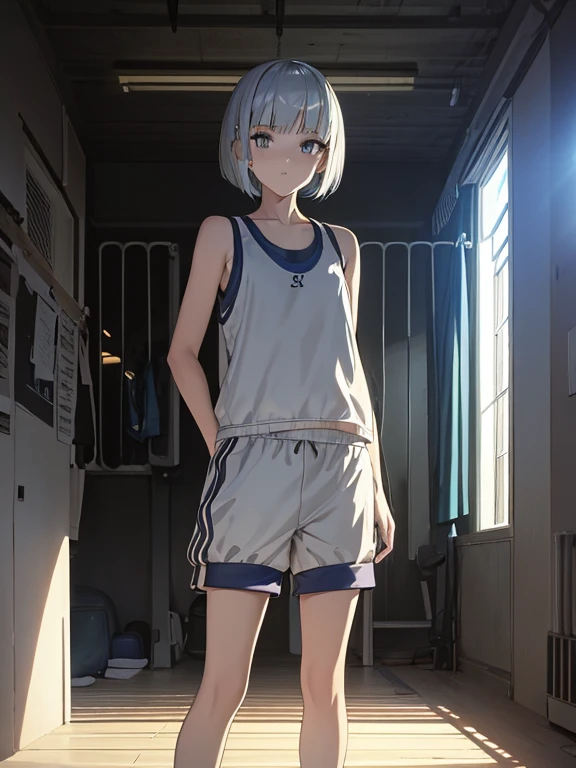 cute, masterpiece, highest quality, High resolution,,A girl standing in a gym, alone,Silver Hair, Small earrings Bob cut hair, Sports Style,Artistic,An illustration,Pants Style,Line art,Aqua Eye,morning,Best lighting,sun,Girl in sportswear Girl in running shoes,clavicle,Tall,Flat Chest