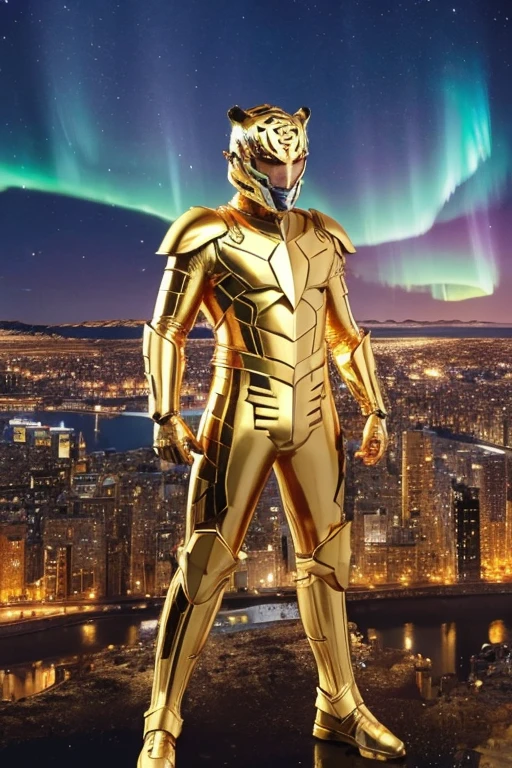 A man wearing full-body golden armor and a full-face golden cyber helmet resembling a tiger mask is holding a sword in the middle of a city illuminated by the aurora borealis at night.