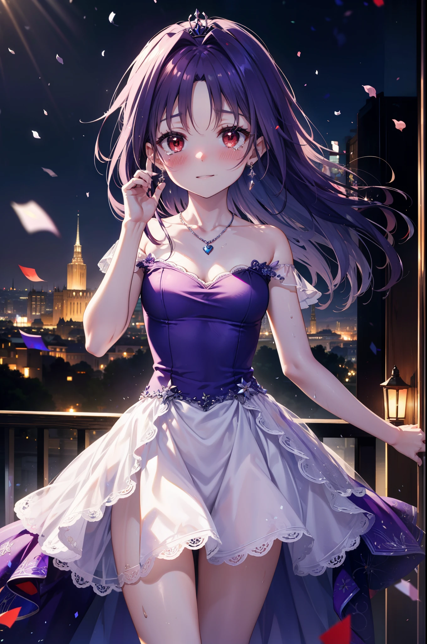 yuukikonno, Konno Yuuki,Long Hair, tiara,Pointed Ears, Purple Hair, (Red eyes:1.5), (Small breasts:1.2), smile,Purple Dress,Purple Long Skirt,Purple stiletto heels,Sleeveless,Expose your shoulders,Bare arms,Bare neck,bare clavicle,He holds his left hand out in front of him, towards the viewer.,She is wearing a wedding ring on her left ring finger,Heart Necklace,Tears stream down her face,Tears of joy,I cry a lot,Confetti,Romantic night view,moonlight,
break outdoors, hill,
break looking at viewer, (Cowboy Shot:1.5),
break (masterpiece:1.2), highest quality, High resolution, unity 8k wallpaper, (shape:0.8), (Beautiful details:1.6), Highly detailed face, Perfect lighting, Extremely detailed CG, (Perfect hands, Perfect Anatomy),