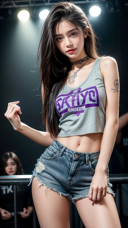 young girl, (), (perfect face), fit the body (covered with tattoos), (style: rock), (have green eyes), (Full body only..), (tired: black band t-shirt, ripped jean shorts ), (purple, short, straight hair), (moderate, rounded chest), (in the background, rock style night club).