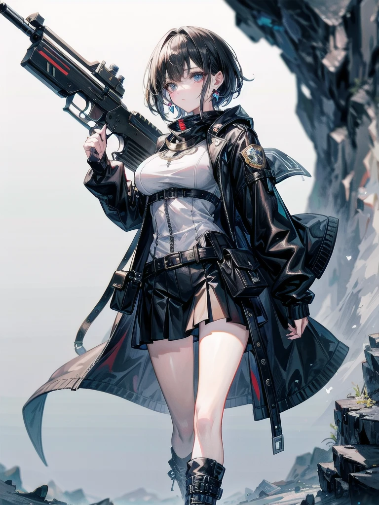 ((Highest quality)), ((masterpiece)), ((detailed)), (4K), 1girl, 独奏, short hair, black hair, eyepatch, purple eye, crop top, leather jacket, Torn miniskirt, suspender skirt, torn pantyhose, panties, panties under pantyhose, choker, bracelet, rain, (wet), see through, expressionless, ass pov, (looking down)