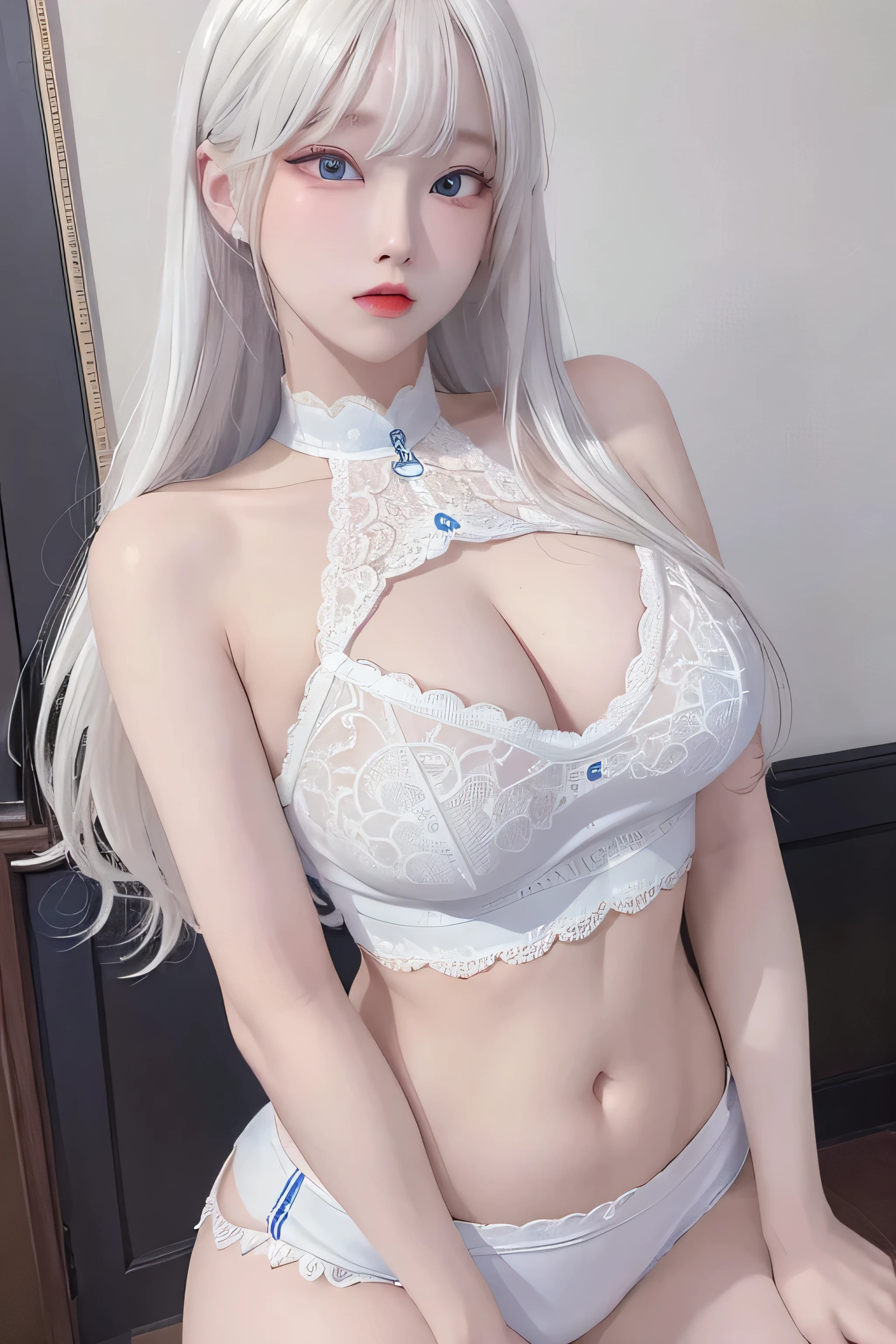 photorealistic, high resolution, 1 girl, white hair, korean, blue eyes, white sexy lace shirt, lace skimpy tight black shorts, thick thighs, lace crop top sexy