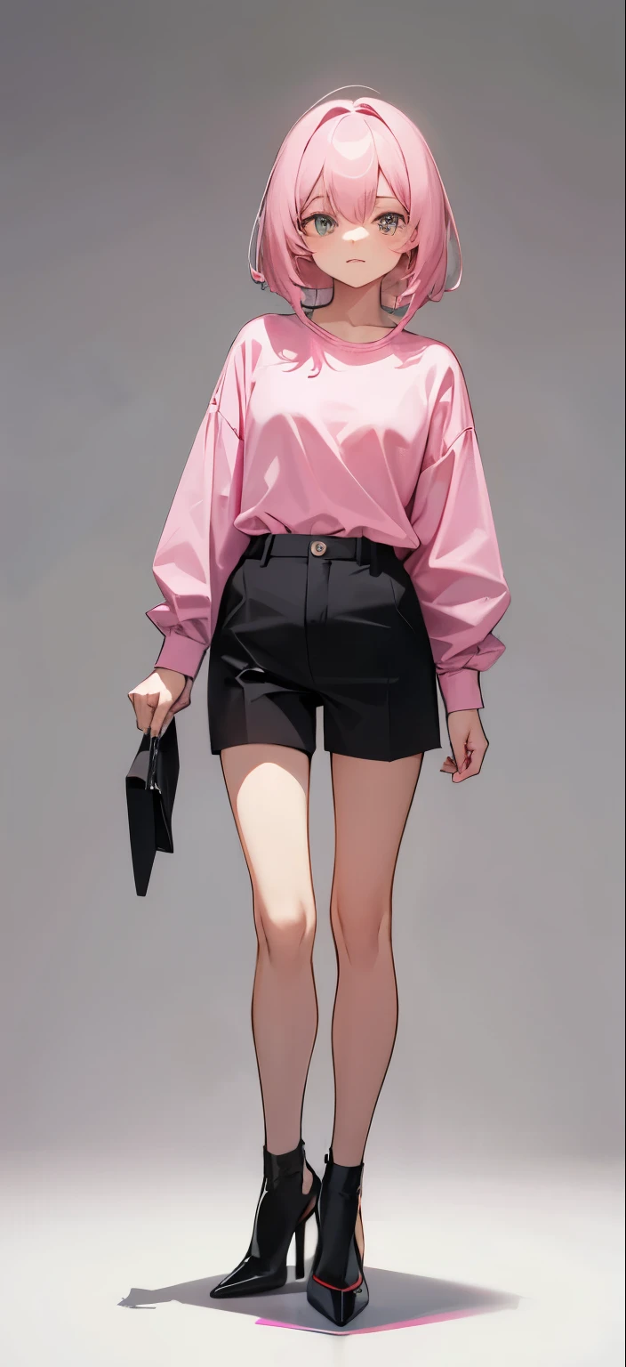 Girl standing picture,Pink loose(((shirt))),Black shorts,Black high heels