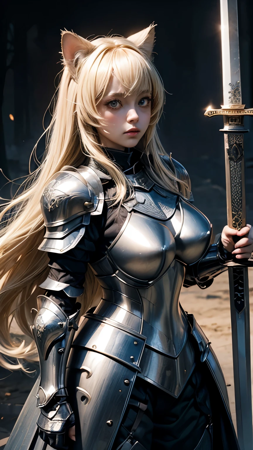 (knight)、woman、Big eyes、Double、Soft、大人のwoman、Big Breasts、whole body、(sword)、(armor)、((whole bodyarmor))、Cat ear、Blonde、long hair、(腰にsword)