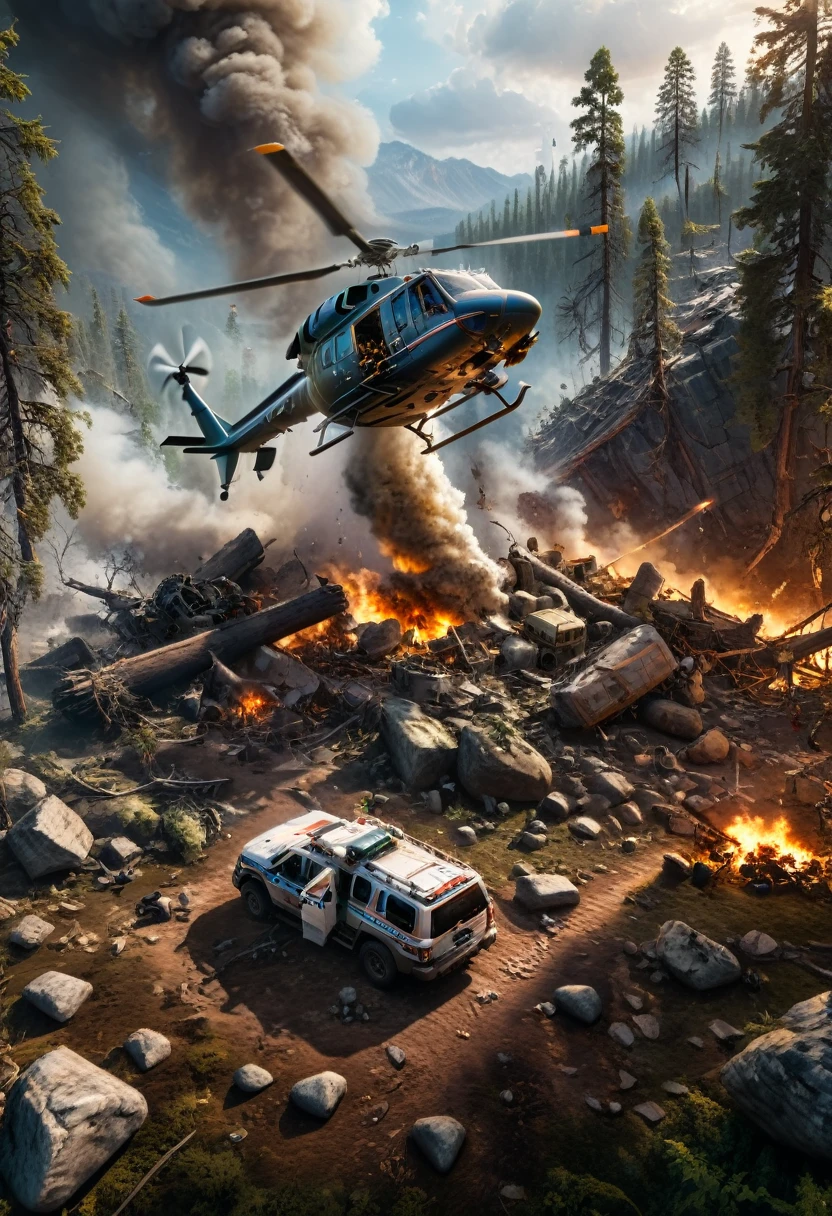 A (plane crash) in a (remote wilderness) with (trees and rocks) scattered around, (smoke and debris) billowing into the sky, (survivors) struggling to escape the wreckage, (rescue team) arriving to assist, (helicopter) hovering above the scene, (emergency services) on the ground, (dramatic lighting) highlighting the chaos, (realistic style) with attention to detail, (8K resolution) for a cinematic effect, (masterpiece, best quality, Professional, perfect composition, very aesthetic, absurdres, ultra-detailed, intricate details:1.3)