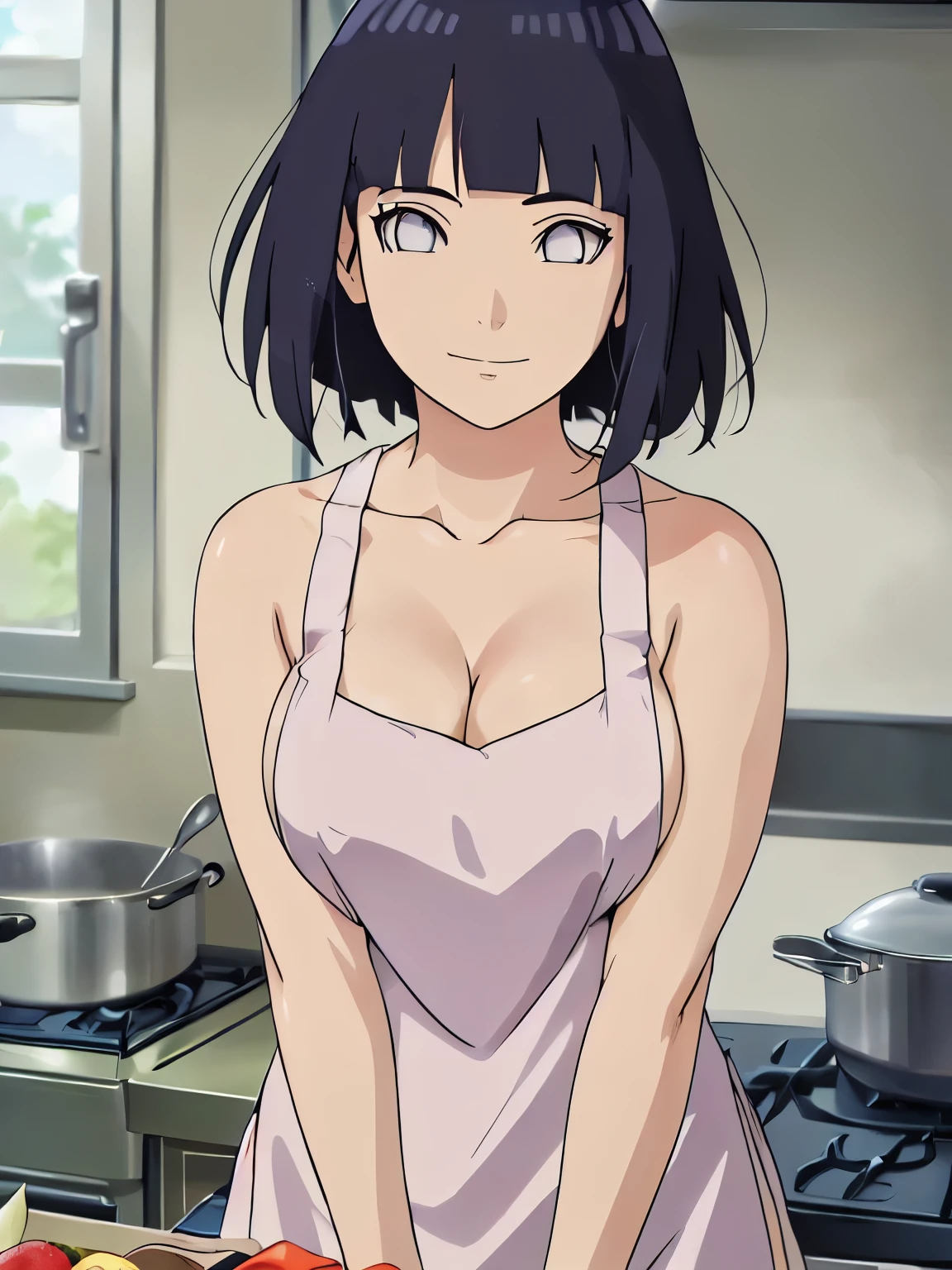 (hinata\(boruto\), (sfw, high quality, anime, cowboy shot, white apron, off-shoulders, little biceps, super detailed body, smile), ((cooking, stretching up), (medium-big breasts, cleavage, little biceps), closed mouth), pale skin, ((floating hair, dark blue, short hair, hime cut، loose hair), (location: windy afternoon),
