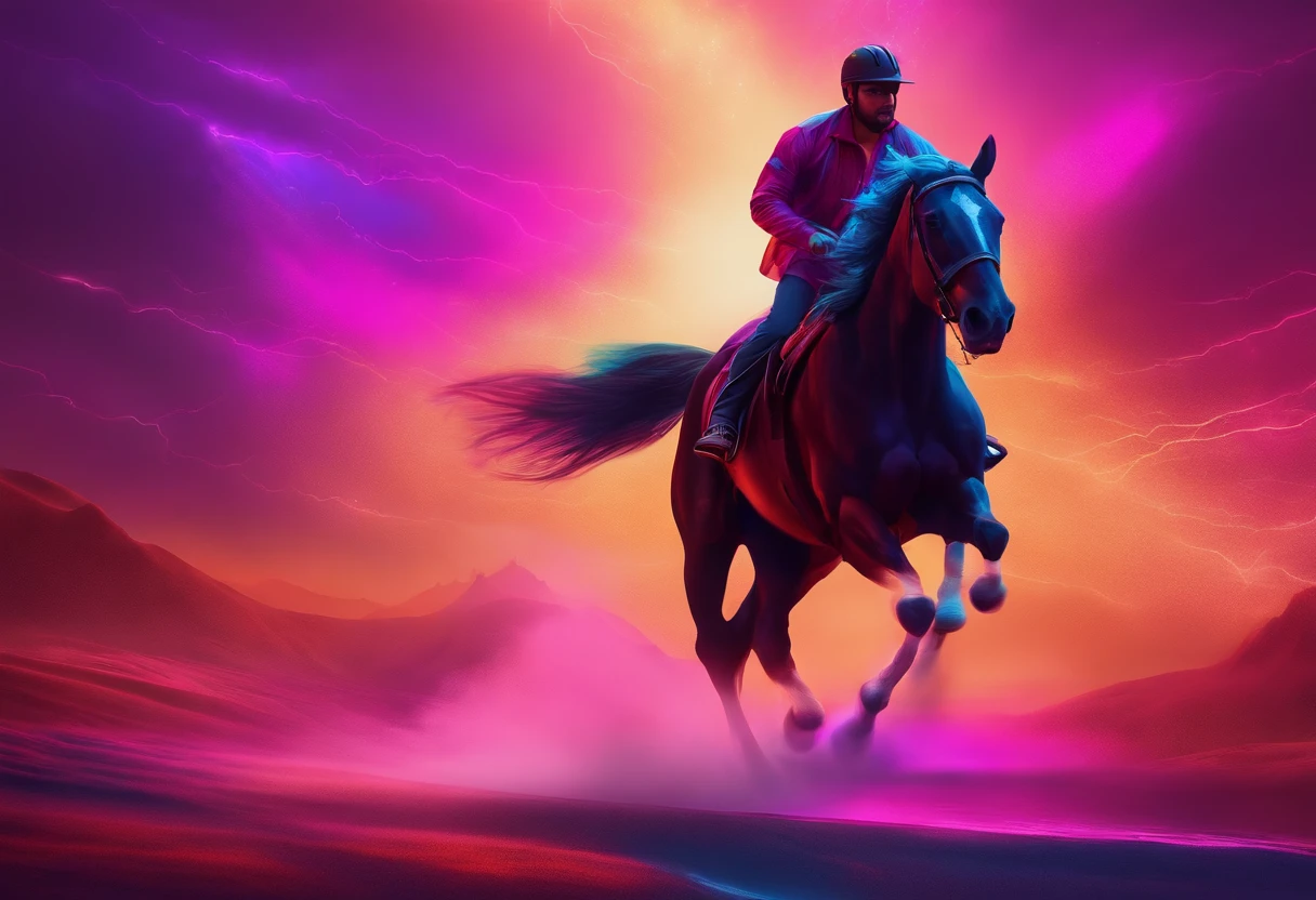 a man riding on the back of a horse, a digital painting, inspired by Mike Winkelmann, shutterstock contest winner, digital art, neon background lighting, purple and red colors, horse is running, hyperspeed, crypto, profile picture 1024px, mauve and cyan, modern desktop wallpaper, chrome art, 80s outrun