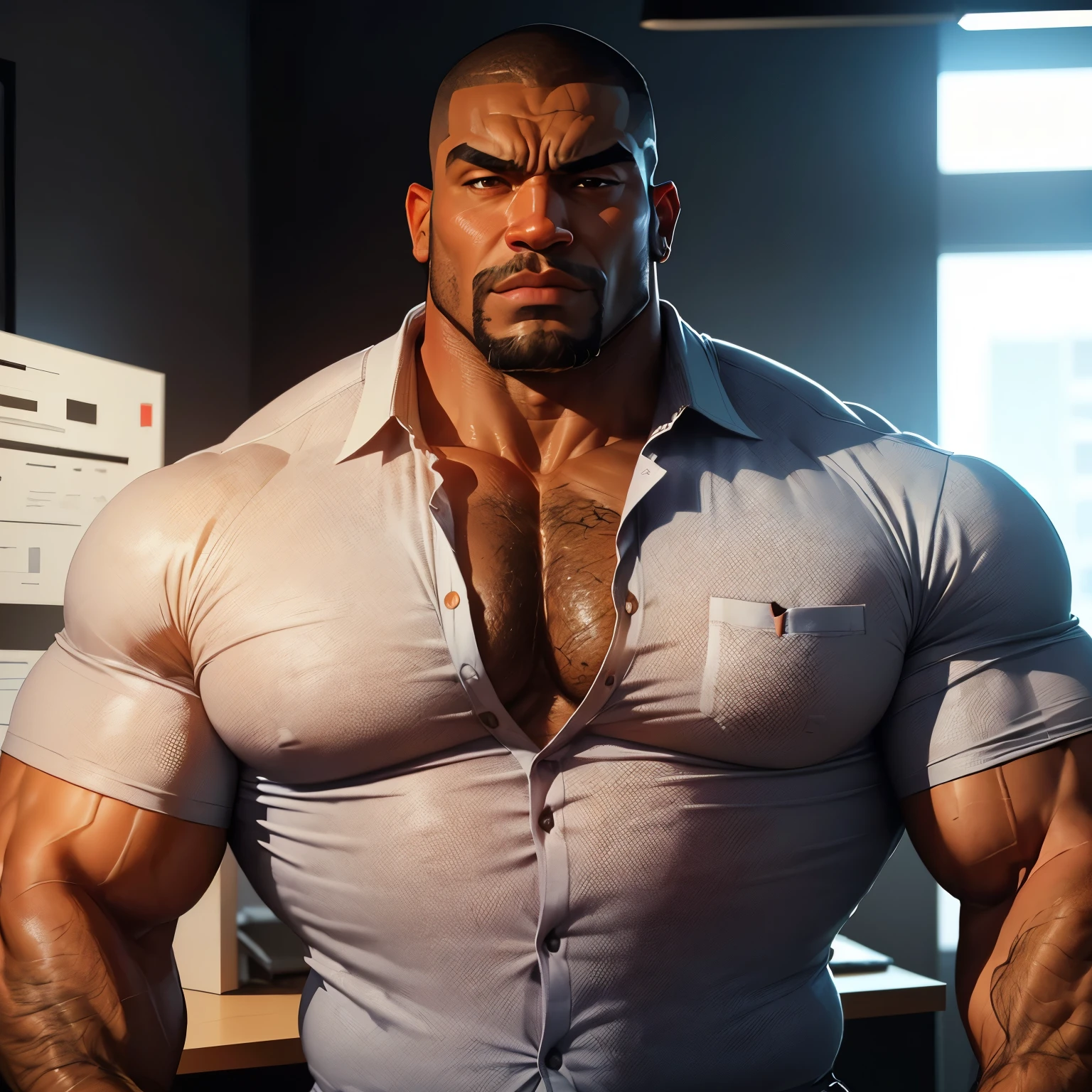 an exaggeratedly muscular and large bodyguard, beefy build, beard, dark-skinned african american male, buzzcut hair with square line, (confused expression: 1.2), (casual business shirt: 1.2), (ripped open shirt: 1.1), (bara pecs: 1.3), beefy pecs, (arm and chest hair: 1.1), portrait HD, (fluorescent office building)