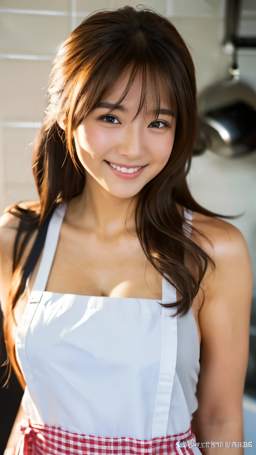 One girl,Long Hair,smile, ((apron)),(kitchen) 、RAW Photos, (photoRealistic:1.37, Realistic), Highly detailed CG integrated 8K wallpaper, View your viewers, (((Straight from the front))), (high qualityスキン:1.8, Shiny skin), 8K Ultra HD, Digital SLR, Soft lighting, high quality, Film Grain, Fujifilm XT3, ((Upper Body:1.6)), (Professional Lighting:1.6)、Large Breasts、No clothes、I'm not wearing anything、I want to see up to my knees、